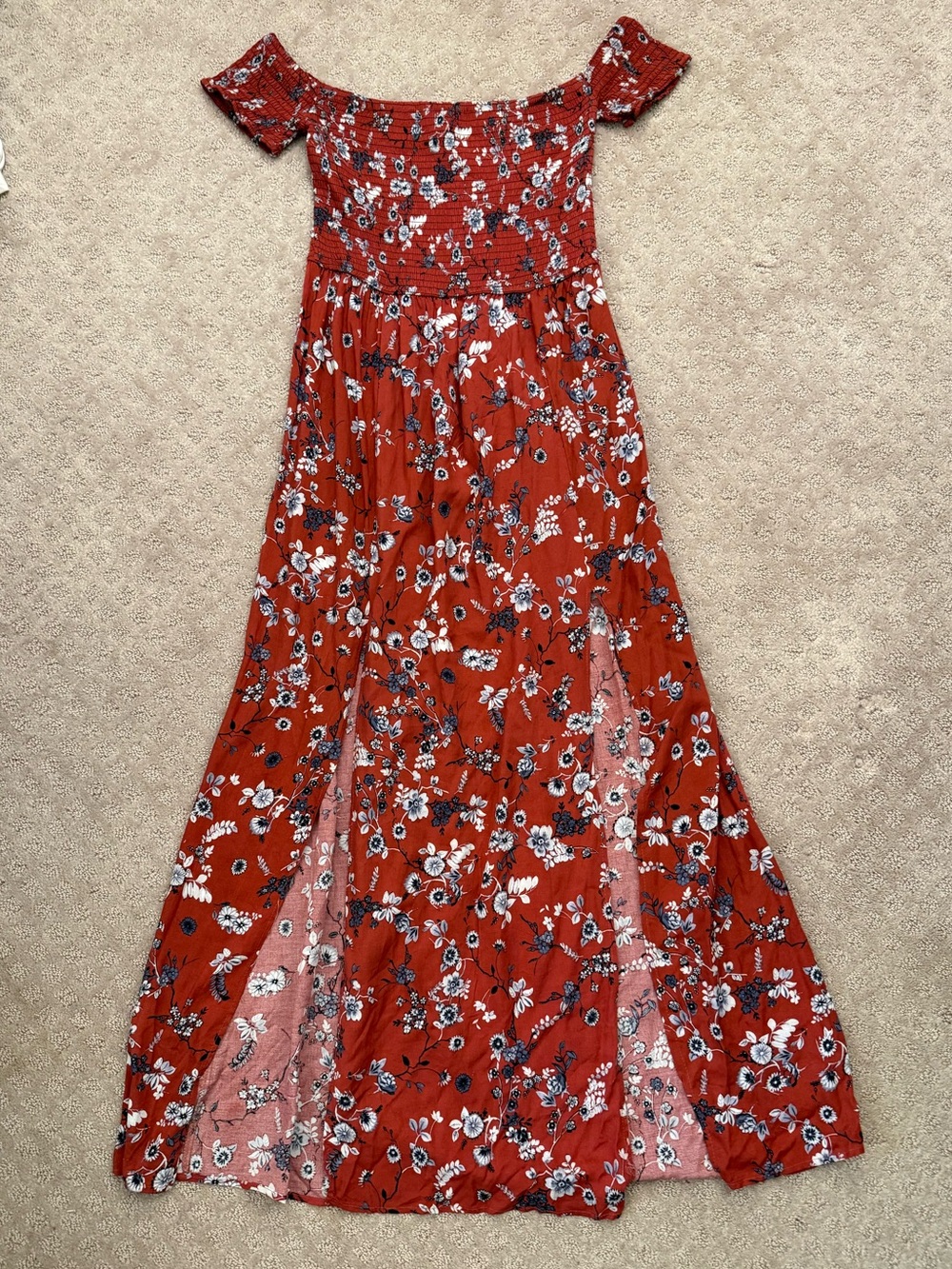 Red Floral Floral Off the Shoulder Maxi Dress Leg Slits Vacation Sundress XL